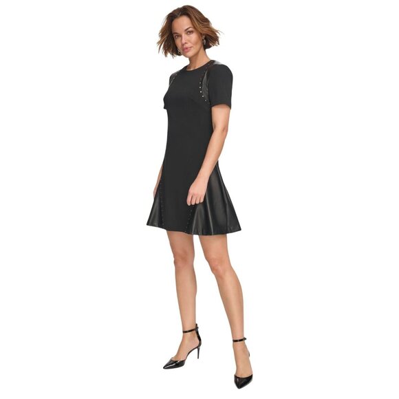 NWT DKNY Womens Short Sleeve Leather Detail Flare Sheath Dress DD3J1489 Black 10 - Picture 3 of 11